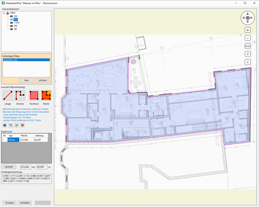 Screenshot HasenbeinPlan Messung der Fläche eines komplizierten Grundrisses
