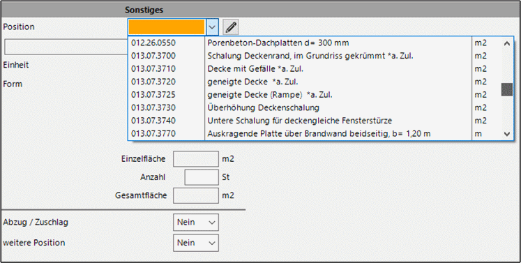 HasenbeinPlus Decken Sonstige Positionen Screenshot Eingabemaske